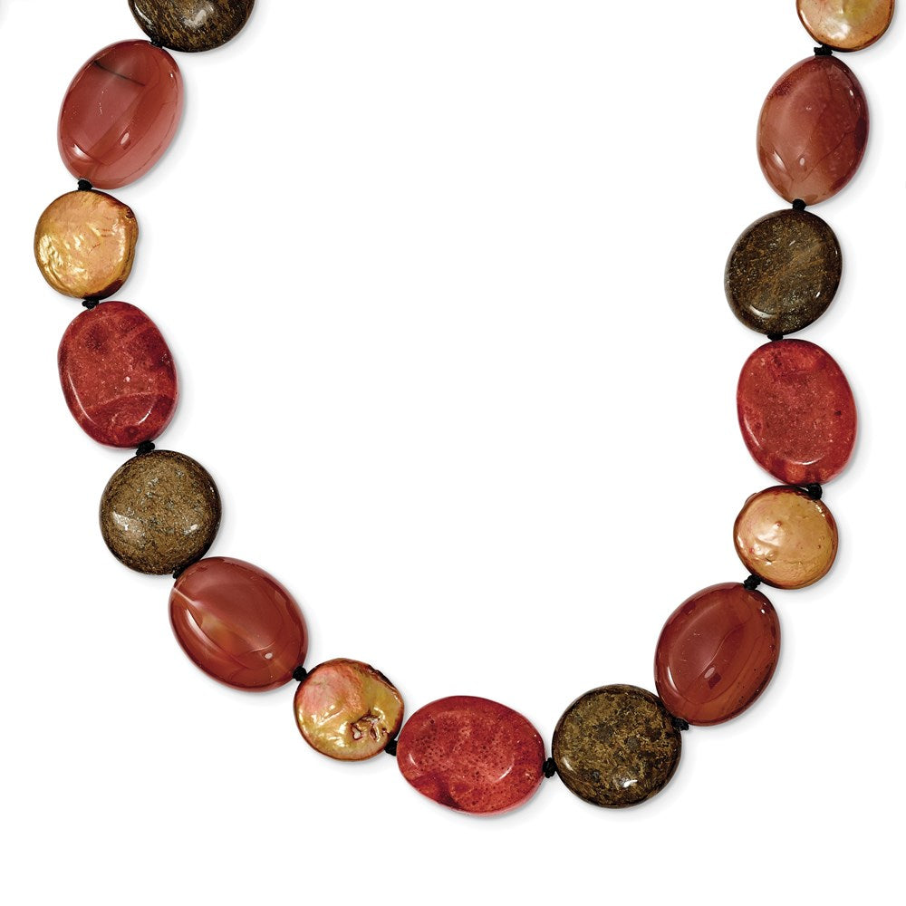 Sterling Silver Tiger Eyes/Carnelian/Reconst. Coral/FW Cult. Pearl Necklace 18 Inches