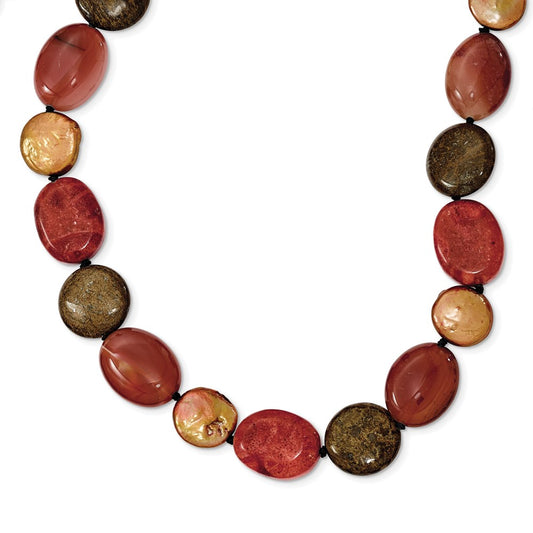 Sterling Silver Tiger Eyes/Carnelian/Reconst. Coral/FW Cult. Pearl Necklace 18 Inches