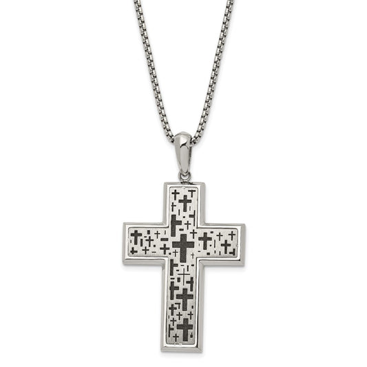 Stainless Steel Brushed Polished & Laser cut Black IP Cross Necklace