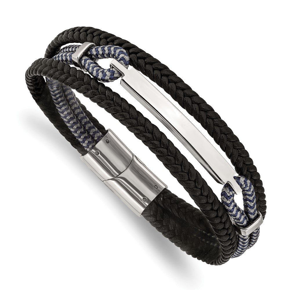 Stainless Steel Polished Leather and Cotton Multi Strand 8.25in ID Bracelet 8.25 inches