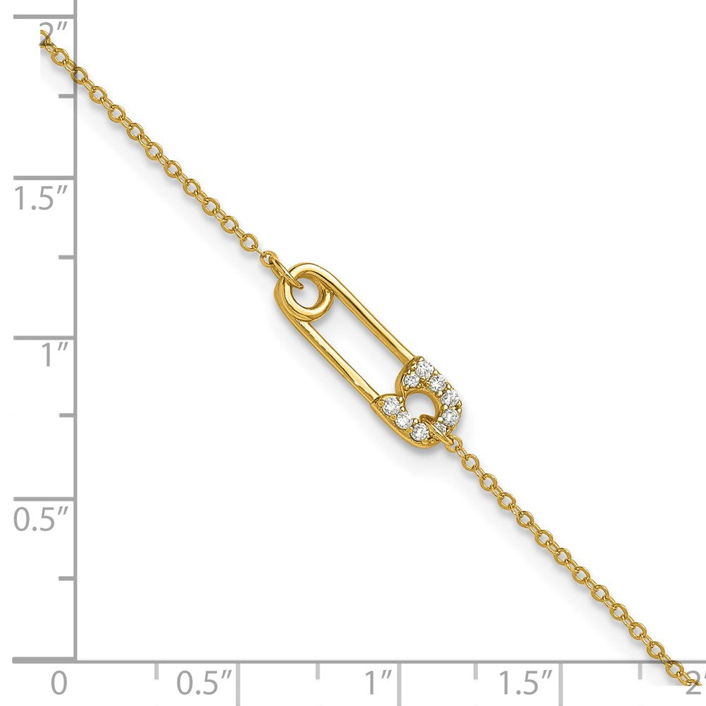 Sterling Silver Gold-tone Polished CZ Safety Pin 9 Inch Plus 1 Inch Extension Anklet