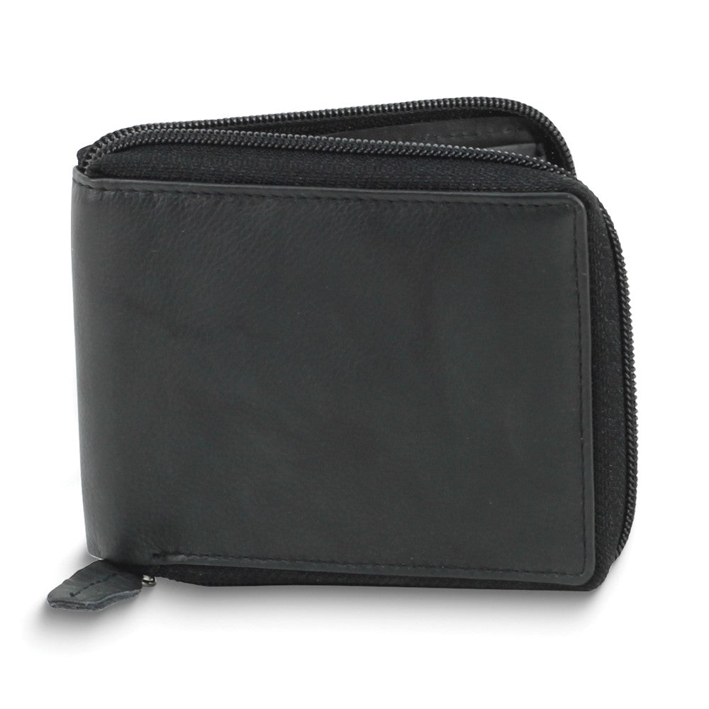 Black Leather RFID Blocking Zip Around Top Flap Wallet