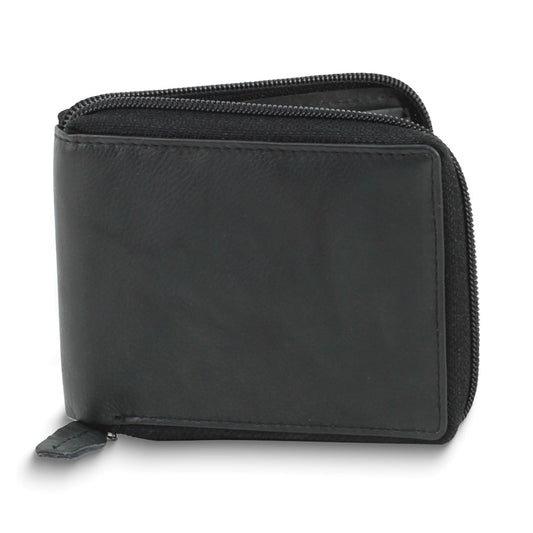 Black Leather RFID Blocking Zip Around Top Flap Wallet