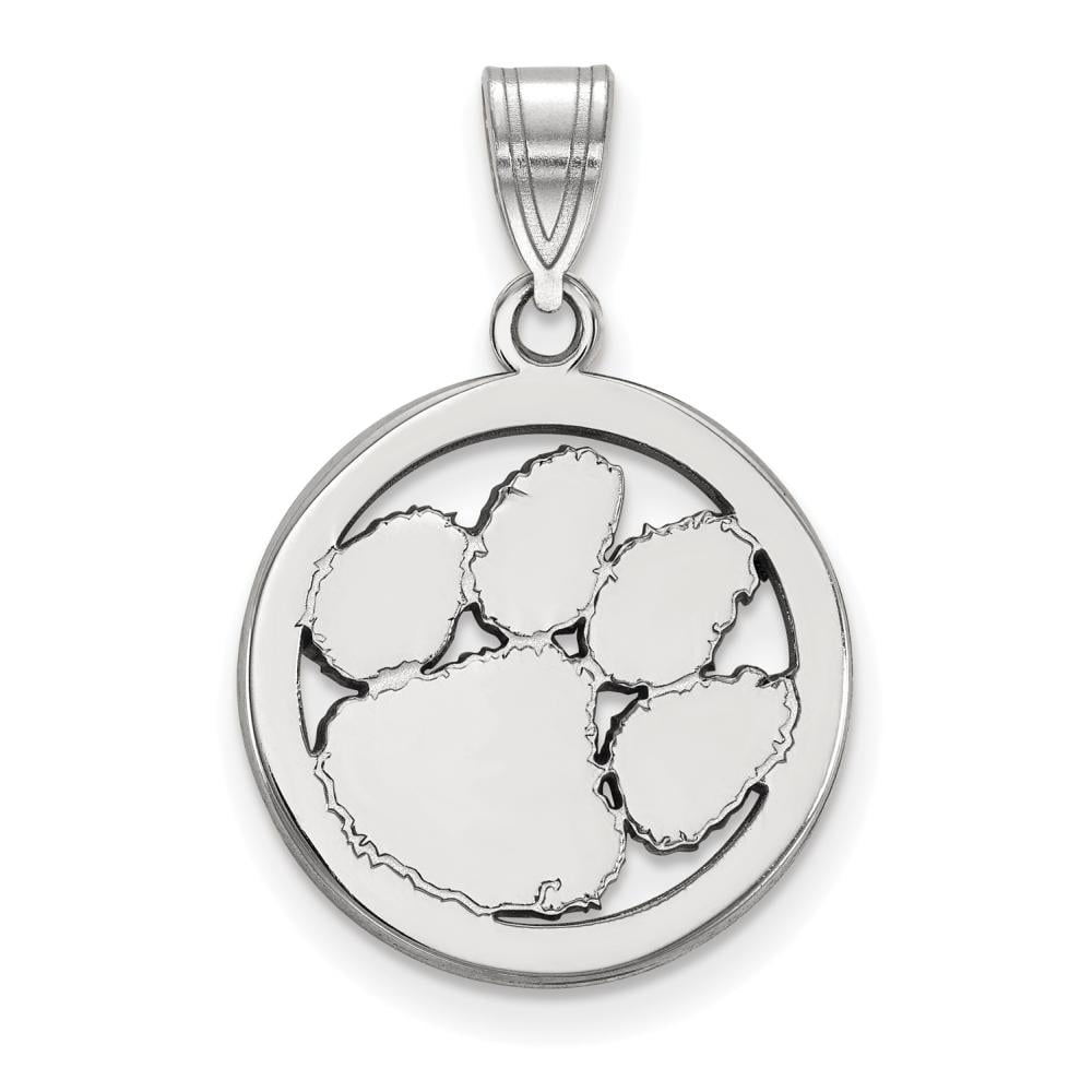 Sterling Silver Rhodium-plated LogoArt Clemson University Tiger Paw Medium Circle Pendant Q-SS033CU