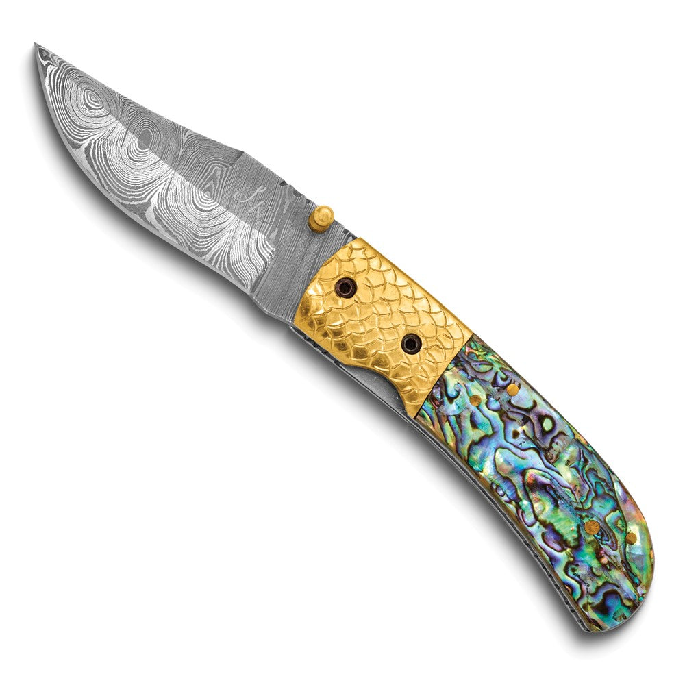 Luxury Giftware by Jere Damascus Steel 256 Layer Folding Blade Genuine Abalone Shell Handle Knife with Leather Sheath and Wooden Gift Box