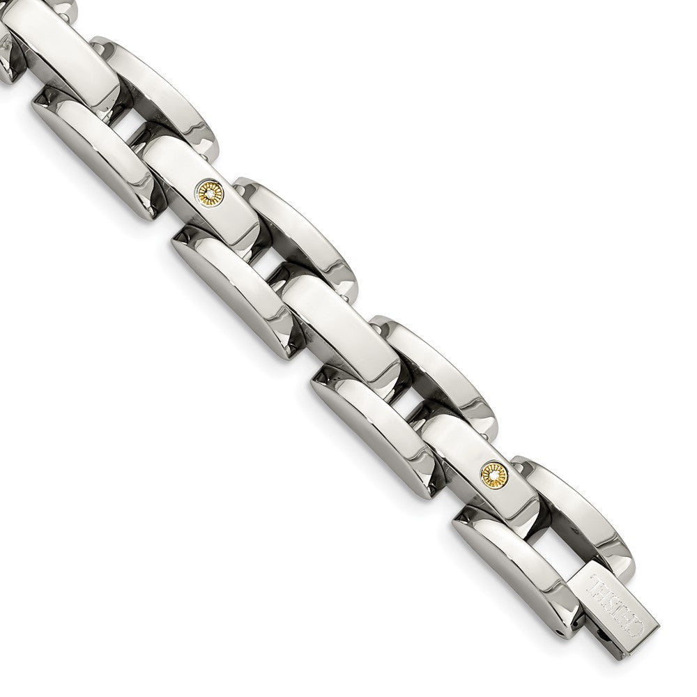 Stainless Steel 8.5in Polished with14k White Gold & Diamonds Bracelet 8.5 inches