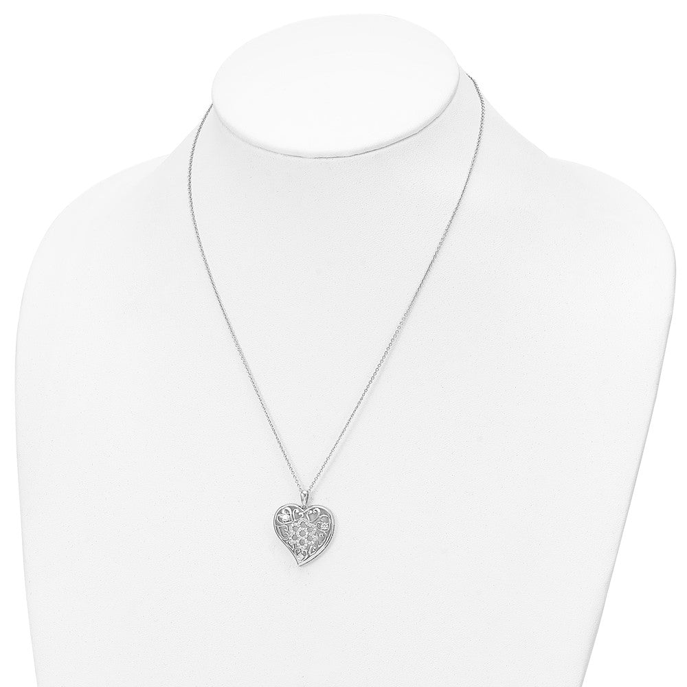 Sentimental Expressions Sterling Silver Rhodium-plated CZ Antiqued Sisterhood Flower Heart 18in Necklace
