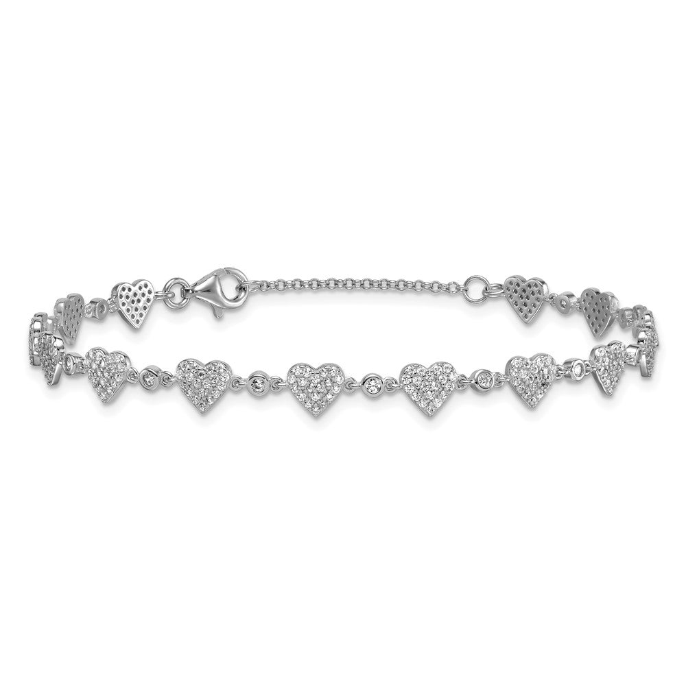 Sterling Silver Rhodium-plated Polished Pave CZ Hearts 7 Inch with 1 Inch Extension Bracelet 8 inches