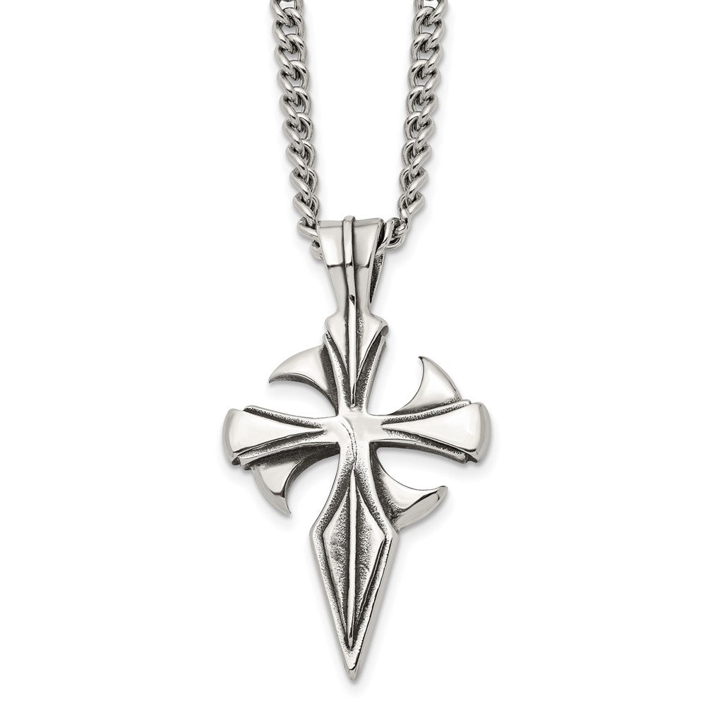 Stainless Steel Antiqued and Polished Dagger Cross 22in Necklace
