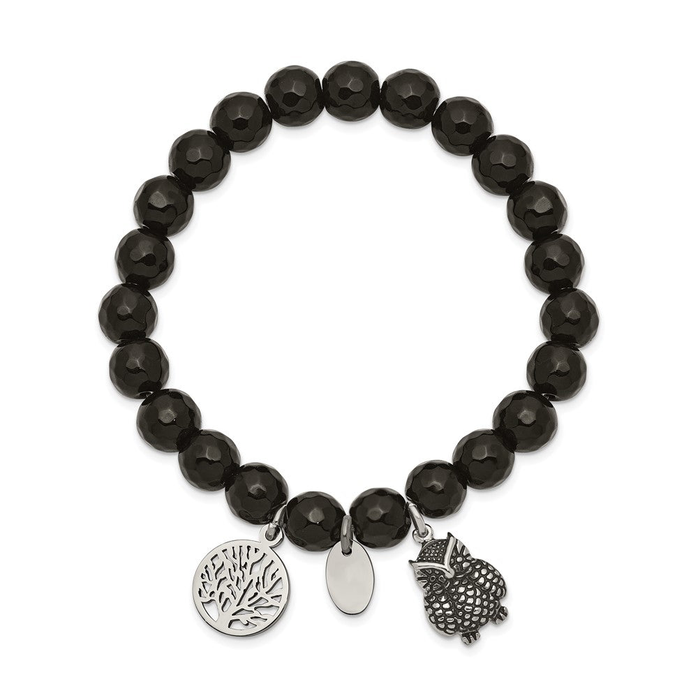 Stainless Steel Antiqued & Polished Owl Black Jade Stretch Bracelet
