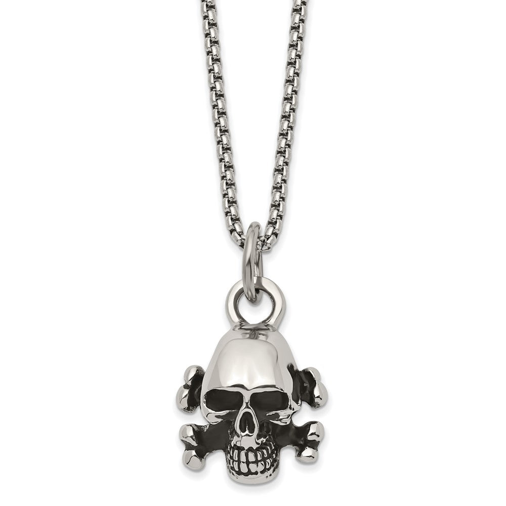 Stainless Steel Antiqued and Polished Skull and Cross Bones 24in Necklace