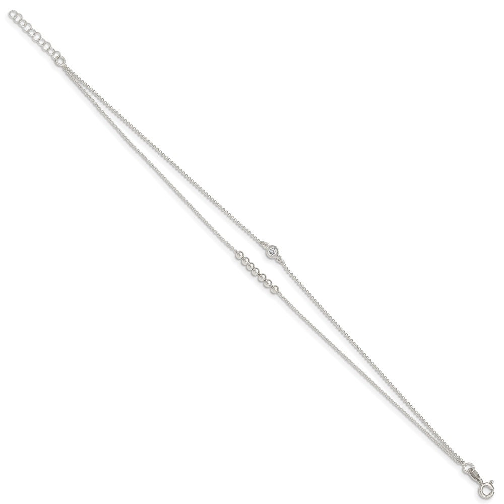 Sterling Silver 2-Strand Beaded CZ 9in Plus 1in Ext. Anklet 9 inches