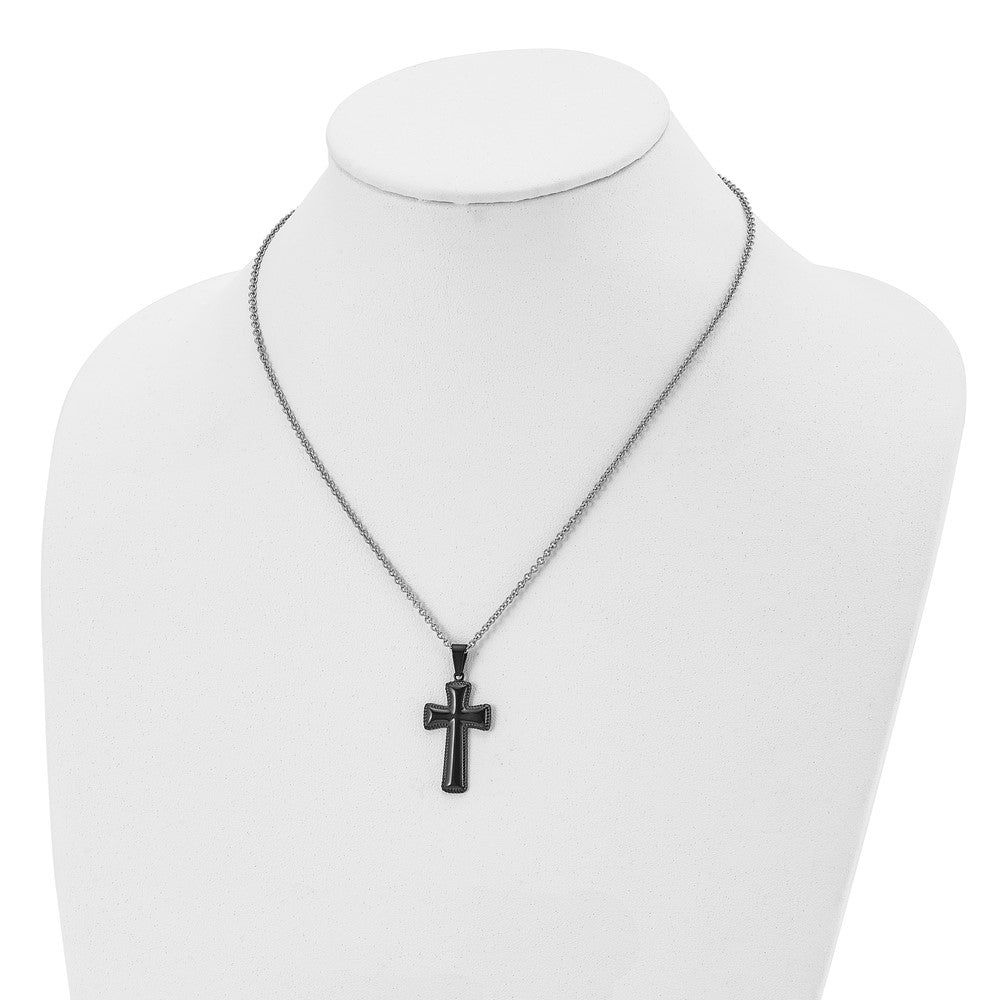 Stainless Steel Polished Black IP-plated Medium Pillow Cross 18in Necklace
