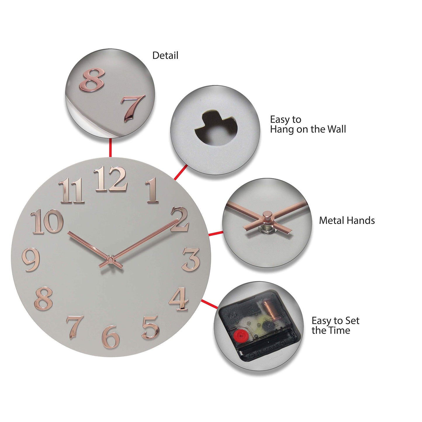 Infinity Instruments Vogue Round Gray & Rose Gold 12-inch Analog Wall Clock