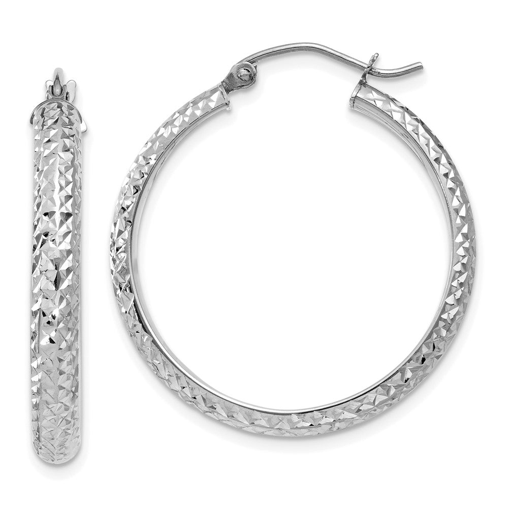 10K White Gold Diamond-cut 3.5x28mm Hollow Hoop Earrings