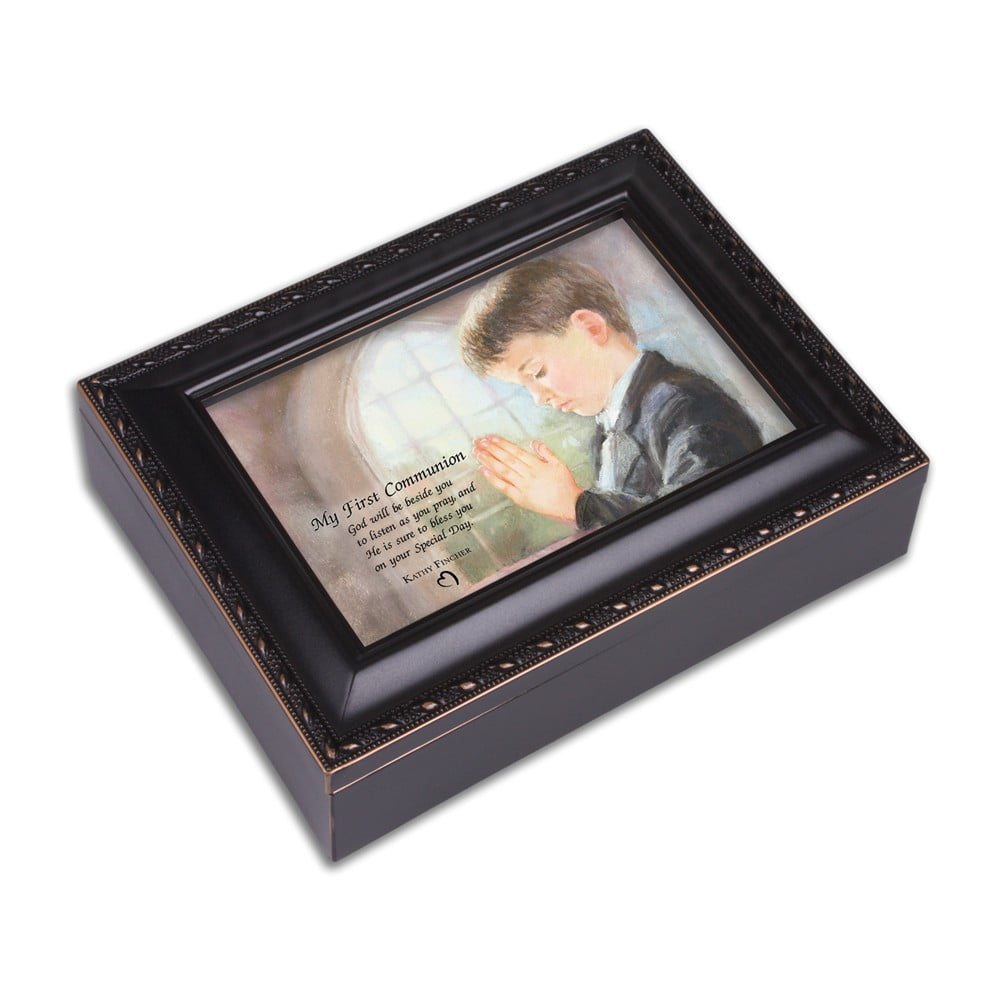 Boy First Communion Distressed Black Finish Music Box