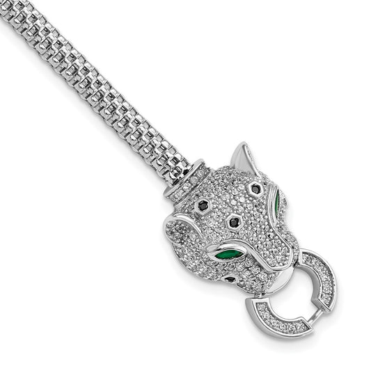 Sterling Silver Rhodium-plated Polished CZ Cheetah Head Bracelet 7.25 inches