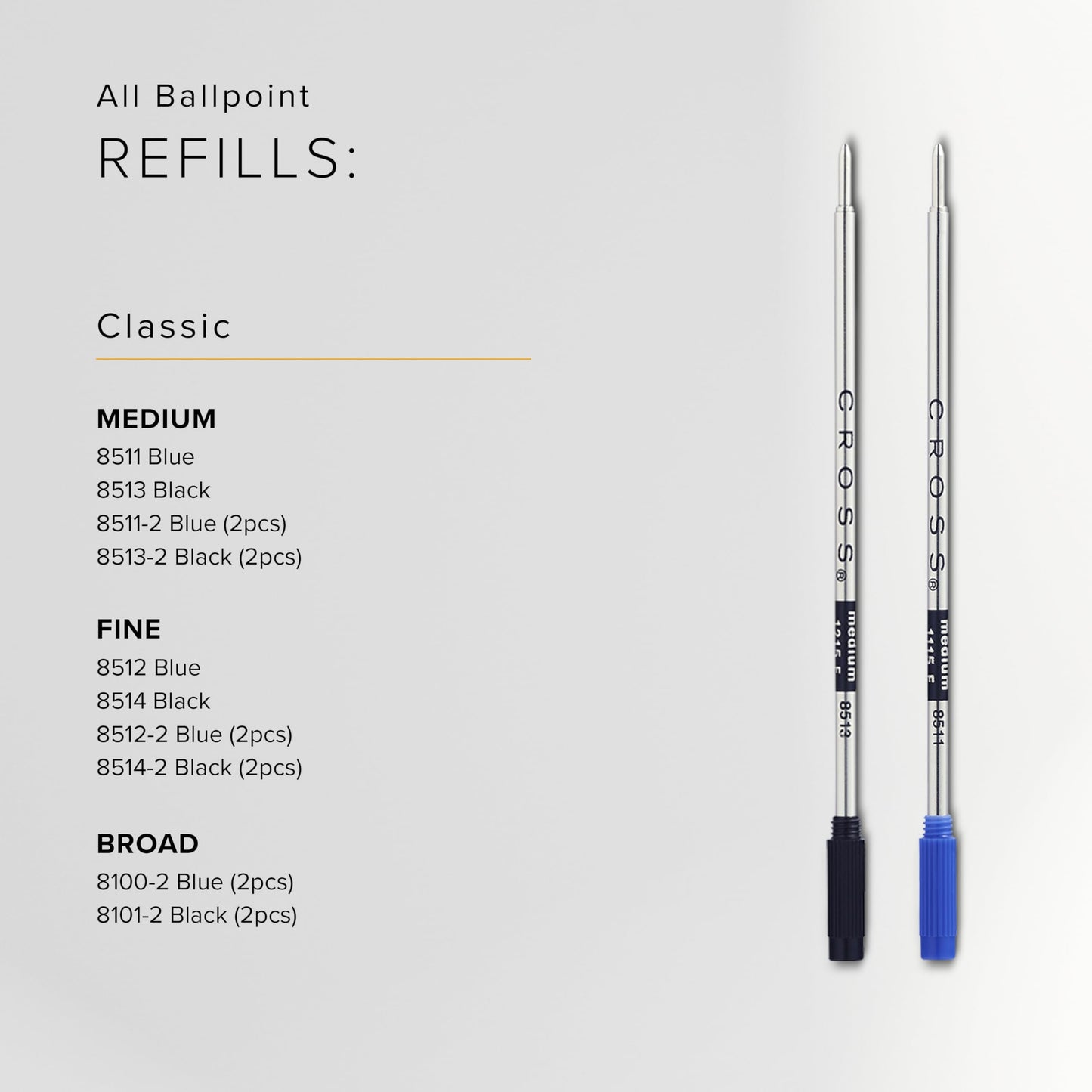 Cross Mini Ballpoint Pen Refill, Medium Point, Blue, 2-Pack (8518-6)