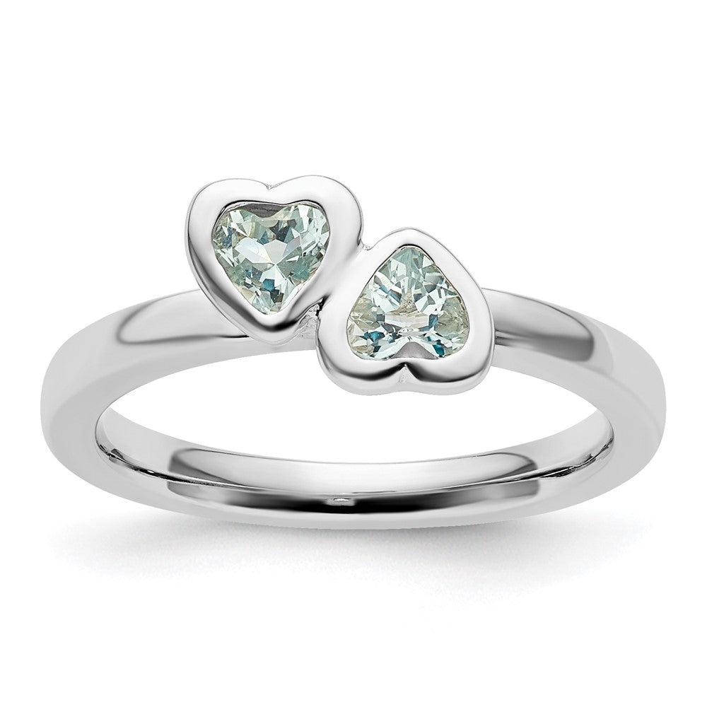 Sterling Silver Stackable Expressions Aquamarine Double Heart Ring Size -9