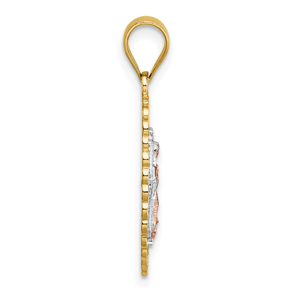14k Polished Two-tone with White Rhodium Diamond-cut Pierced Design Our Lady of Guadalupe Pendant