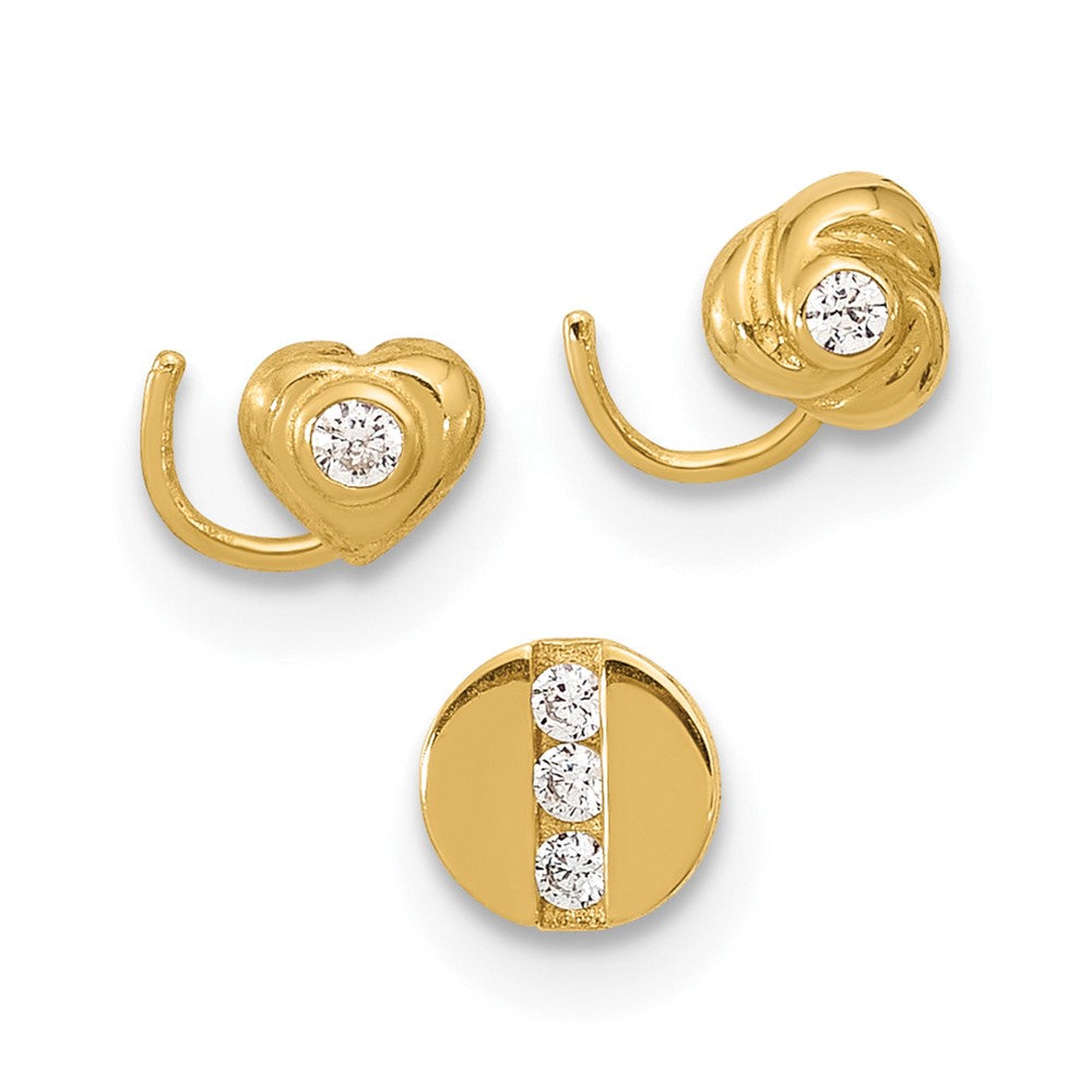 14K Gold 22 Gauge CZ Heart, Flower & Circle Nose Post Set