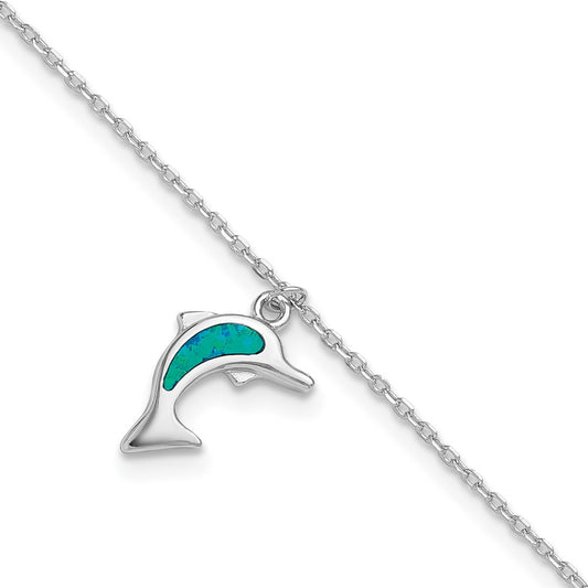 Sterling Silver Rhodium-plated Created Opal Dolphin 9 inch with an 1 inch extention Anklet 9 inches