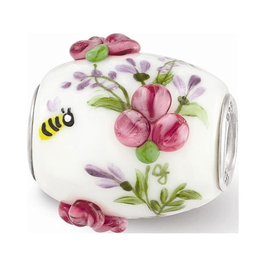 Finest Gold Sterling Silver White Hand Painted Floral Fenton Glass Bead