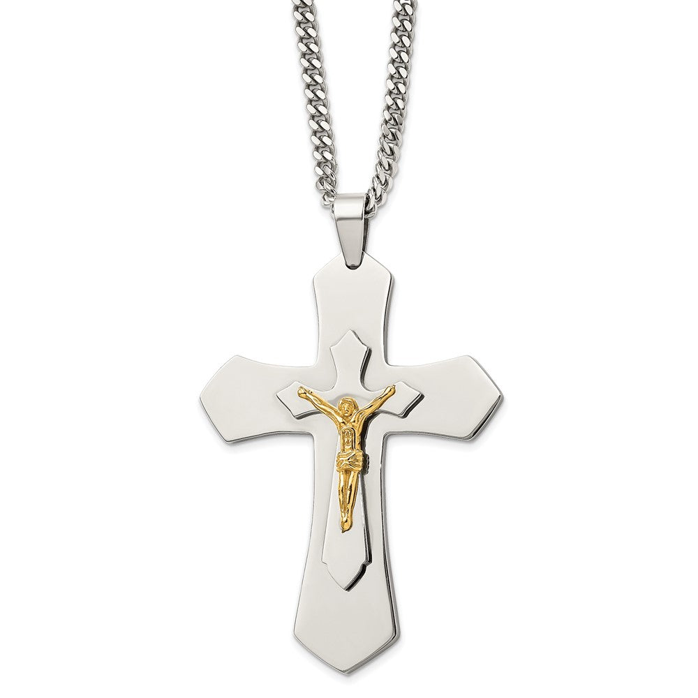 Stainless Steel Polished Yellow IP-plated Crucifix 24 inch Necklace