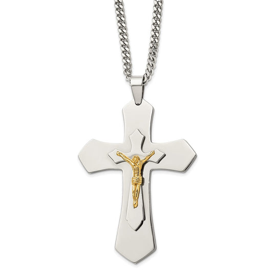 Stainless Steel Polished Yellow IP-plated Crucifix 24 inch Necklace