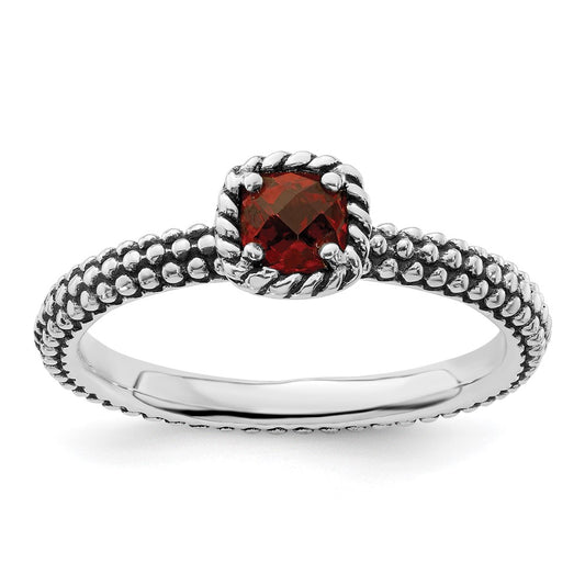 Sterling Silver Stackable Expressions Checker-cut Garnet Antiqued Ring Size -7