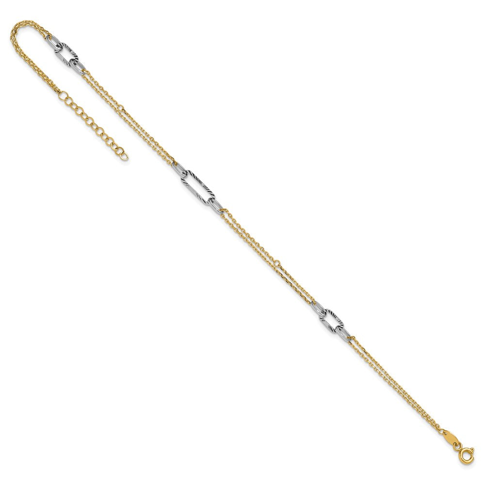 14K Two-tone Polished and Diamond-cut 3-Station 9 inch with 1 inch Extender Anklet