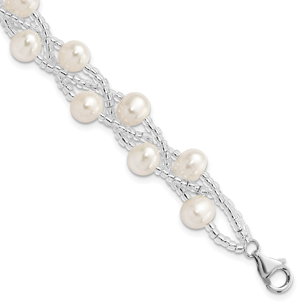 Sterling Silver Rhodium-plated 7-9mm White Semi-Round Freshwater Cultured Pearl and Glass Beaded Multi-strand 7.5 inch Bracelet 7.5 inches