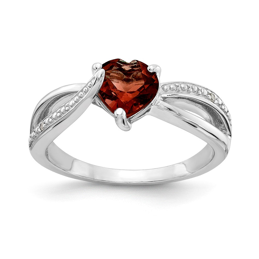 Sterling Silver Heart Shaped Garnet & Diamond Ring