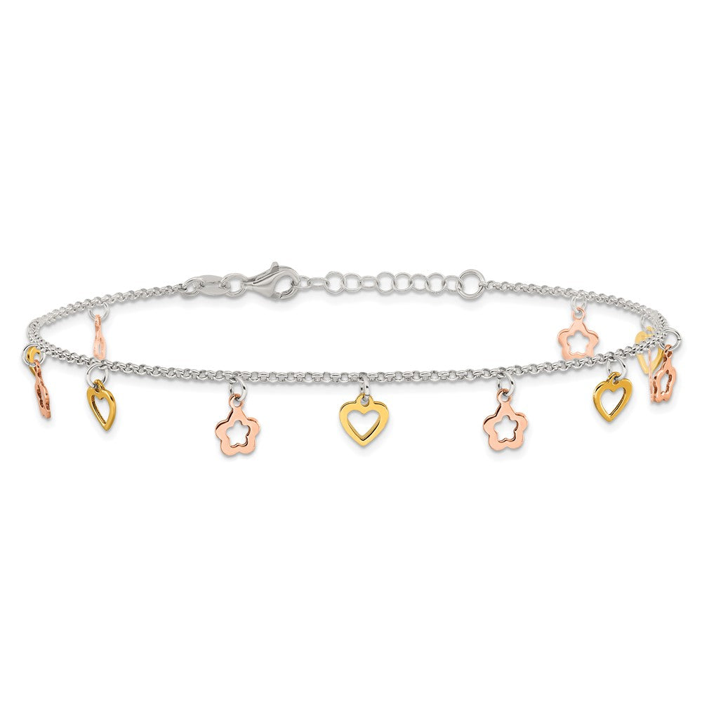 Sterling Silver Gold and Rose-tone Heart Flower 9in Plus 1in ext. Anklet 9 inches