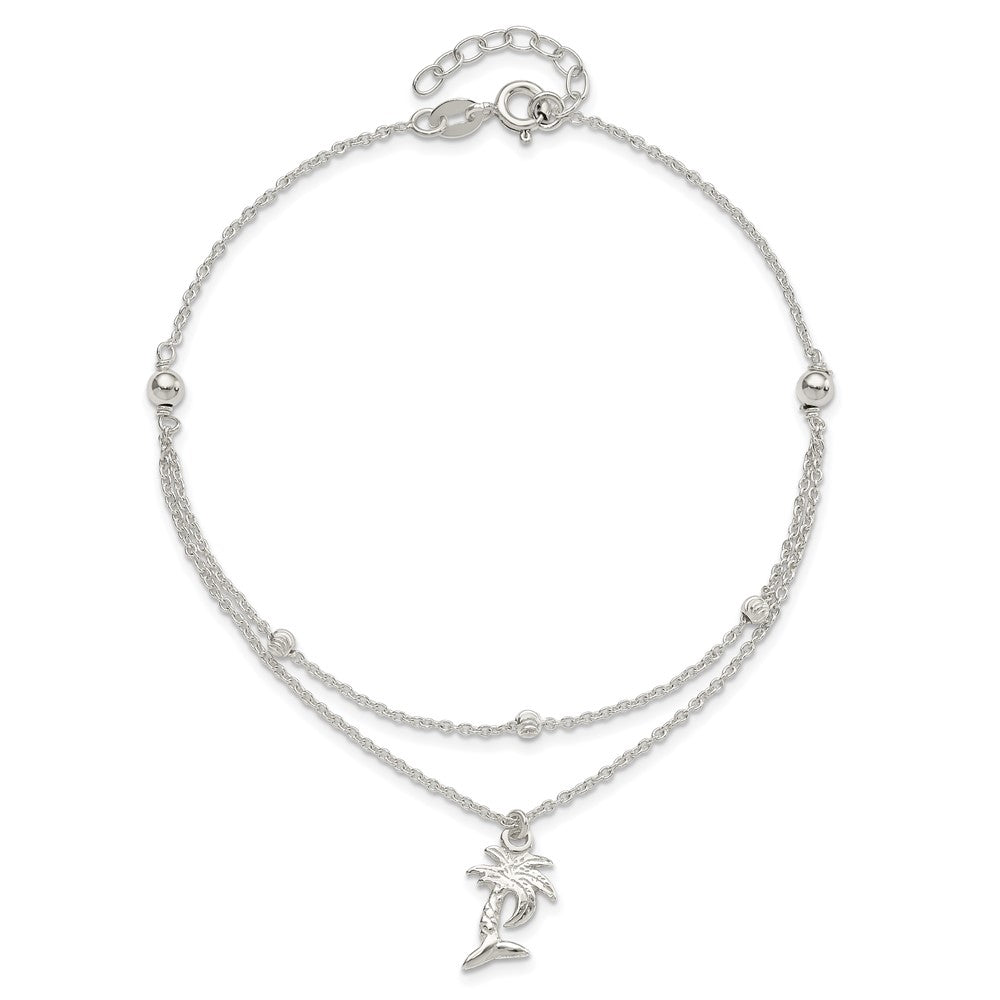 Sterling Silver Polished 2-Strand Palm Tree 9in Plus 1in Ext Anklet 9 inches