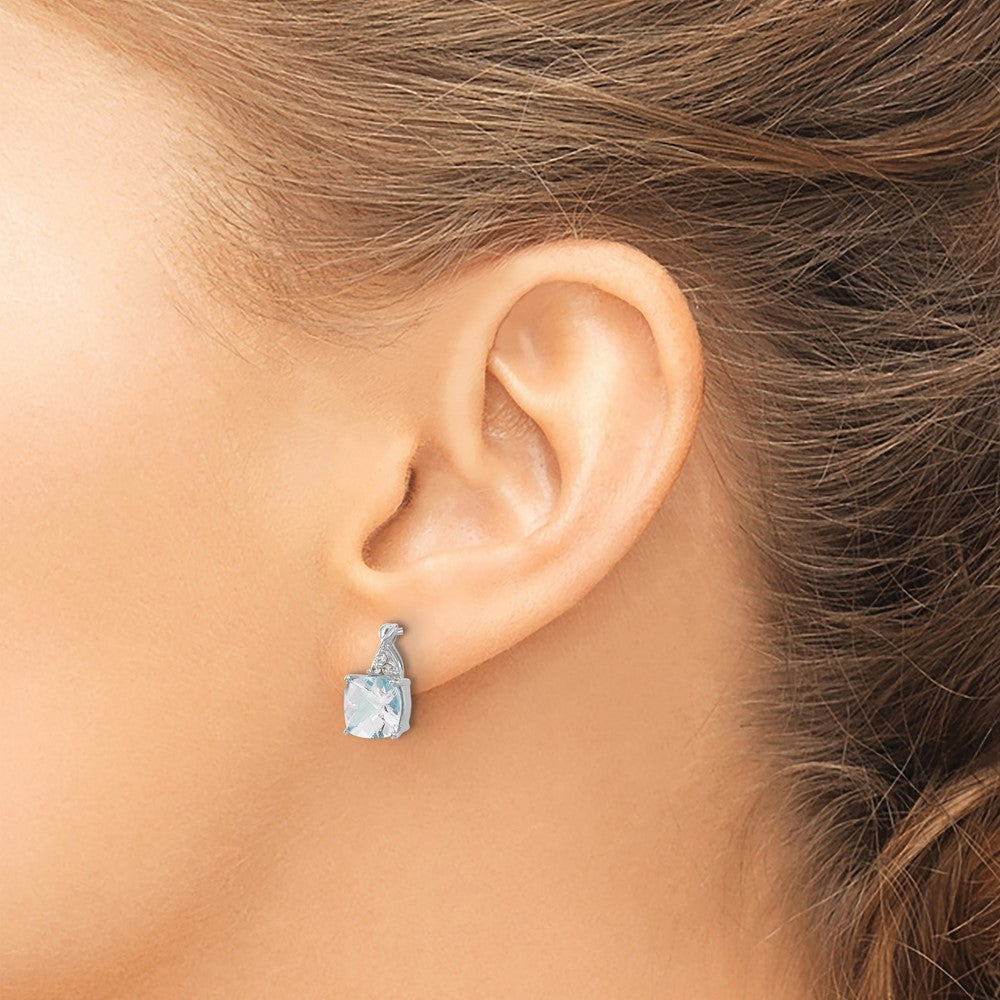 14K White Gold Checkerboard Aquamarine and Diamond Earrings