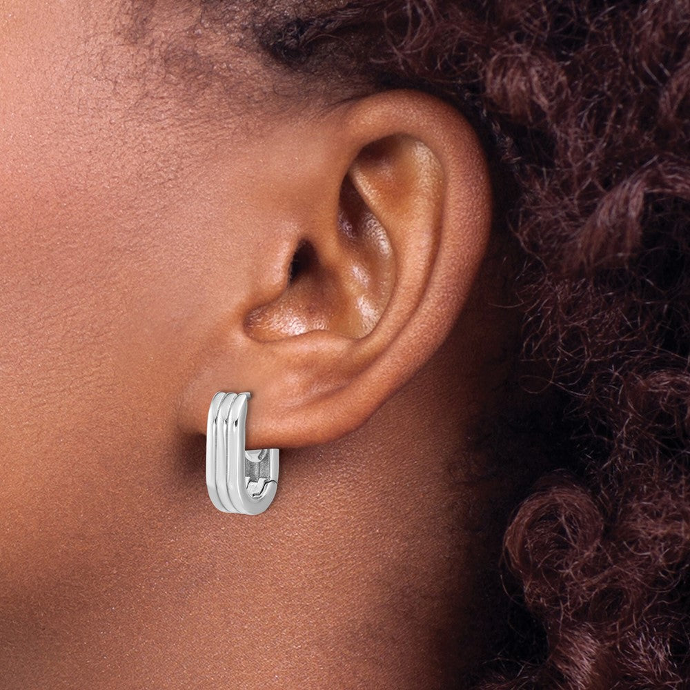 14K WG Polished / Grooved Hinged Huggie Hoop Earrings
