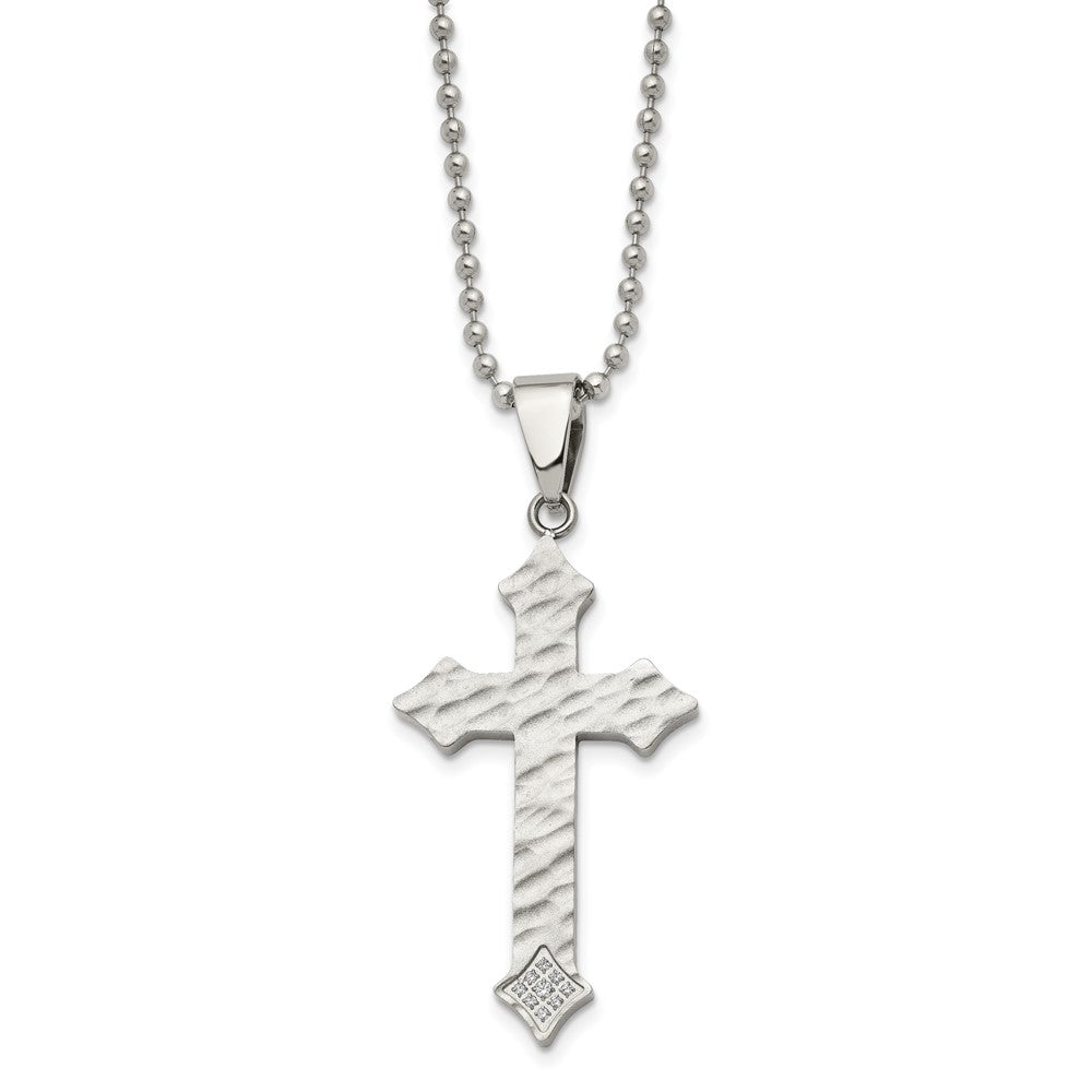 Stainless Steel Polished and Satin Hammered w/CZ Cross Necklace