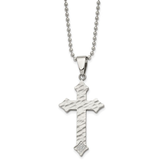 Stainless Steel Polished and Satin Hammered w/CZ Cross Necklace