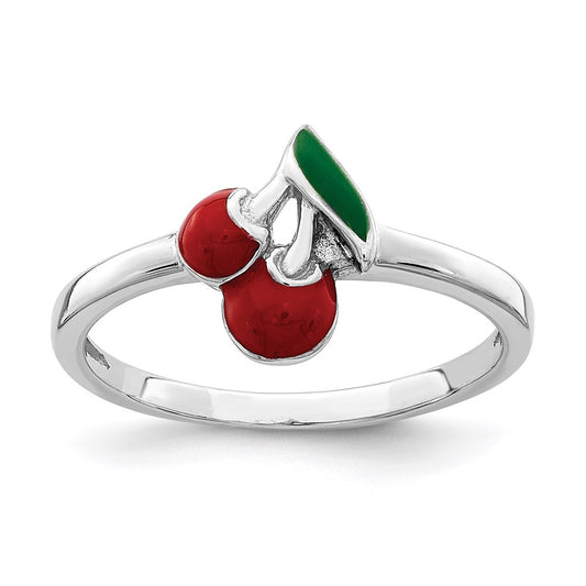 Sterling Silver Rhodium-plated Childs Enameled Cherry Ring