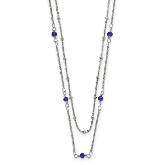 Stainless Steel Polished 2-Strand Blue Crystal Beaded w/1in ext. Necklace