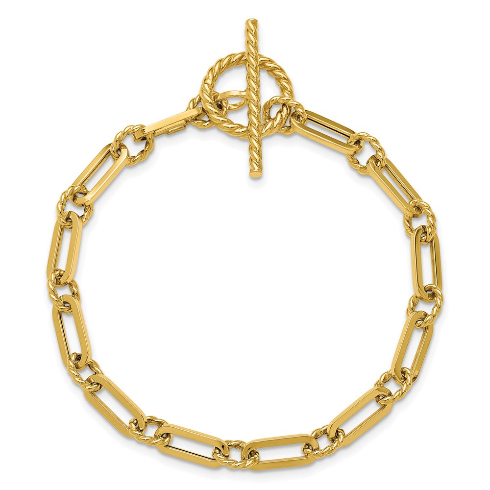14K Polished and Twisted Fancy Link Toggle Bracelet 7  inches