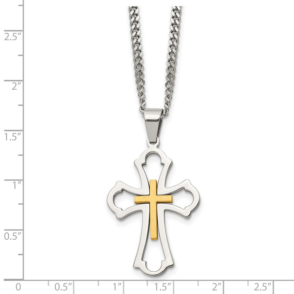 Stainless Steel Brushed & Polished Yellow IP-plated Cross Necklace