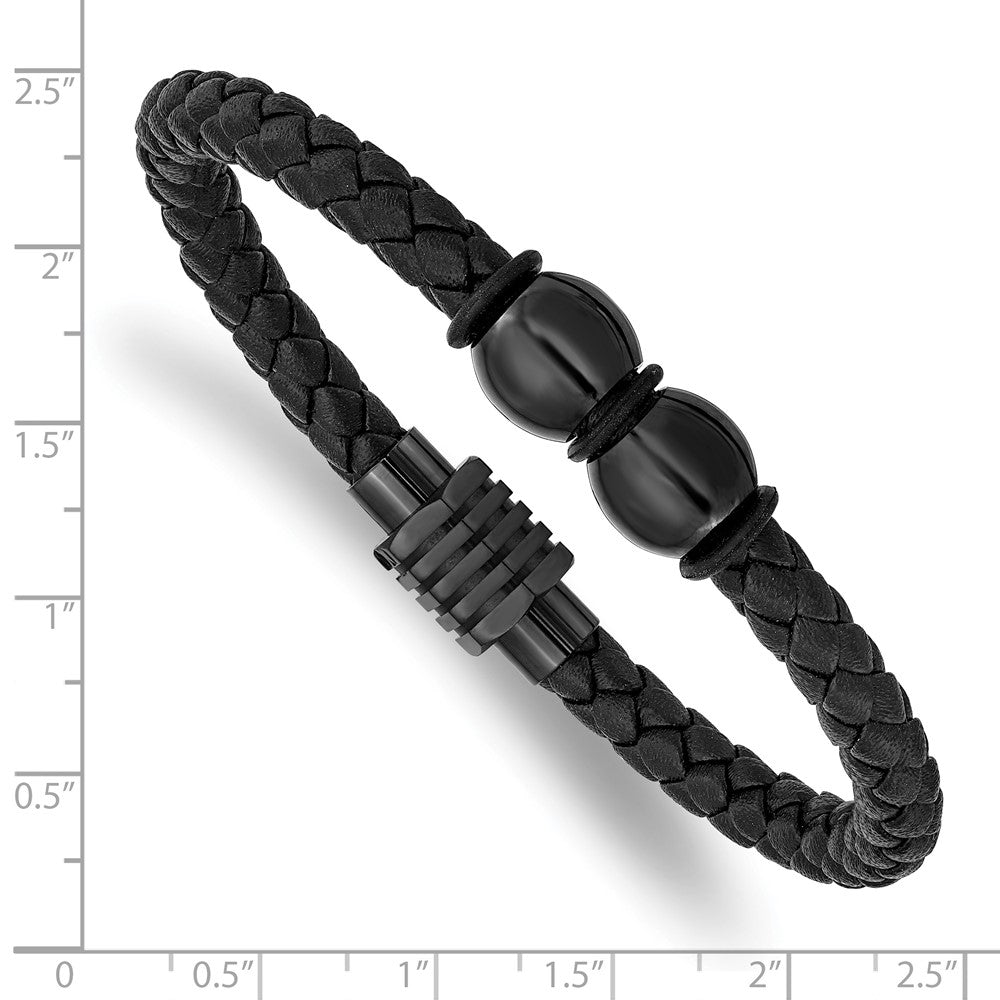 Stainless Steel Polished Black IP Black Rubber and Leather 8.25in Bracelet 8.25 inches