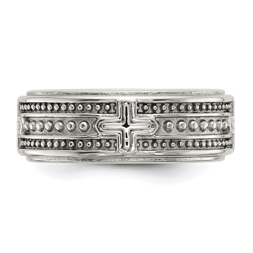Chisel Stainless Steel Polished Cross 7.7mm Grooved and Beaded Band Size - 11.5