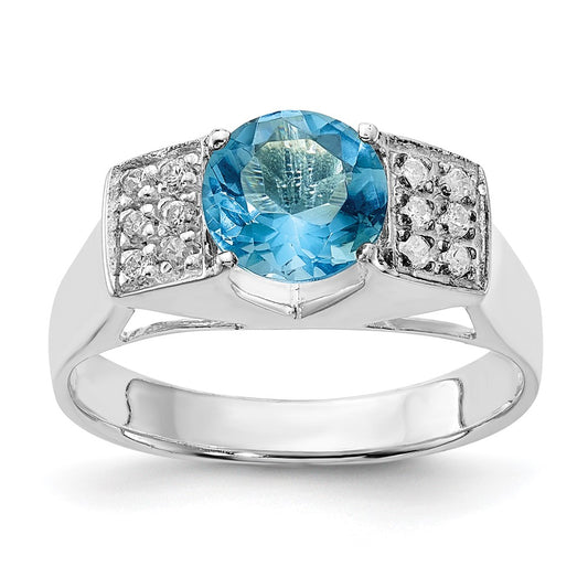 Sterling Silver Light Blue Round w/Pavâ Sides CZ Ring