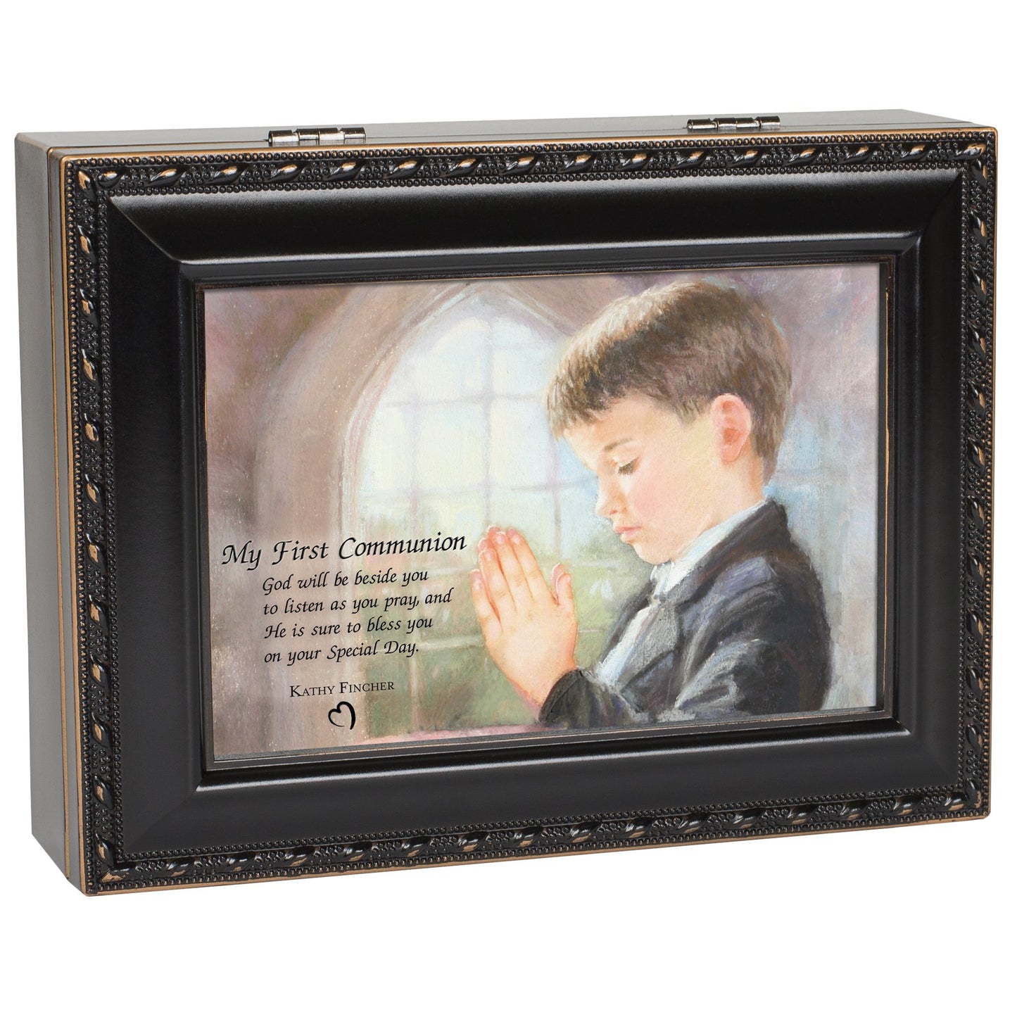 Boy First Communion Distressed Black Finish Music Box