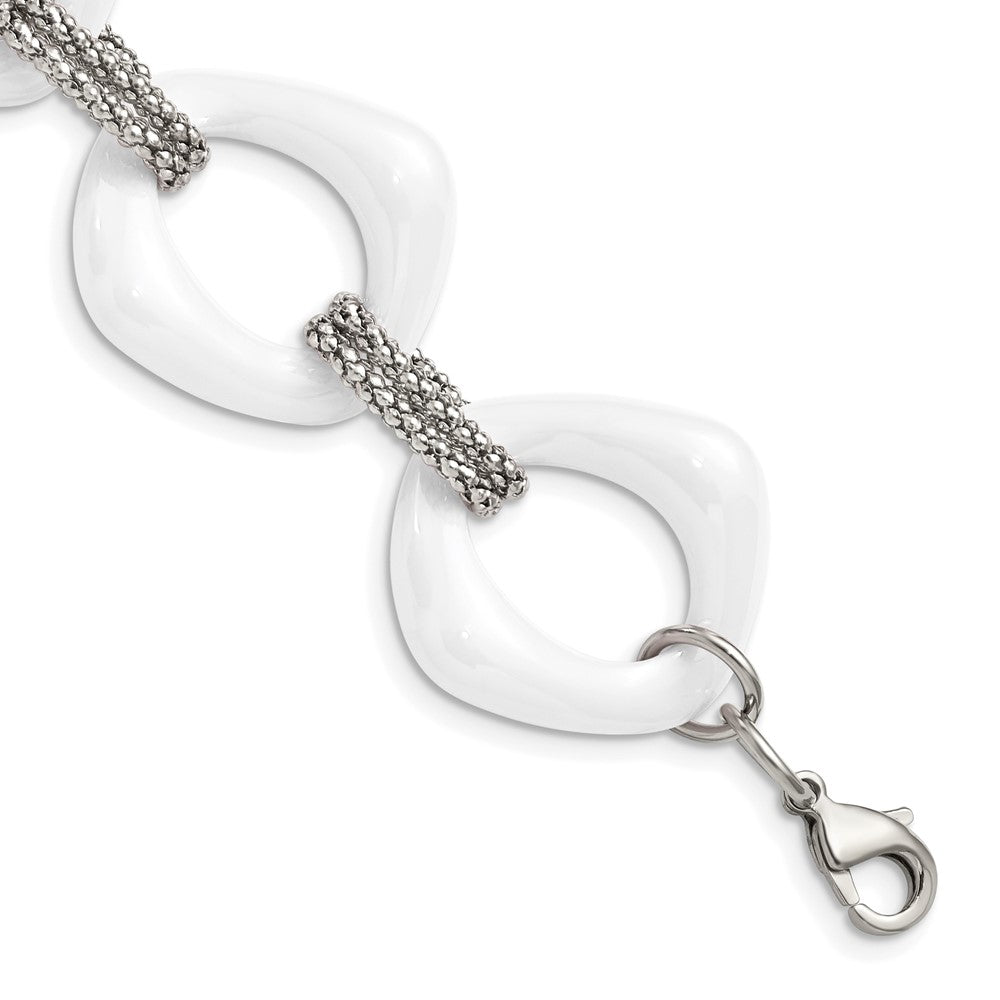Stainless Steel Polished w/White Ceramic 8in Bracelet 8 inches