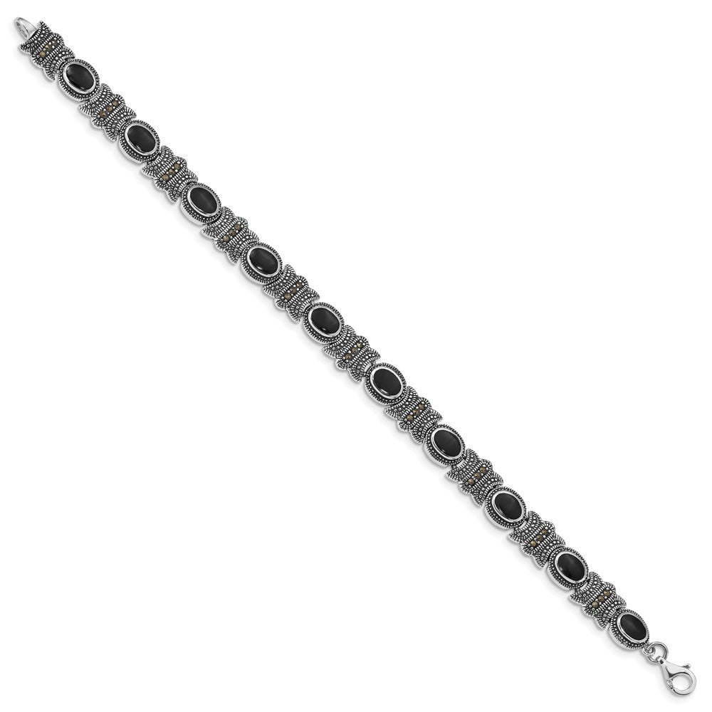 Sterling Silver Rhodium-plated Marcasite and Onyx 7.25 inch Bracelet 7.25 inches