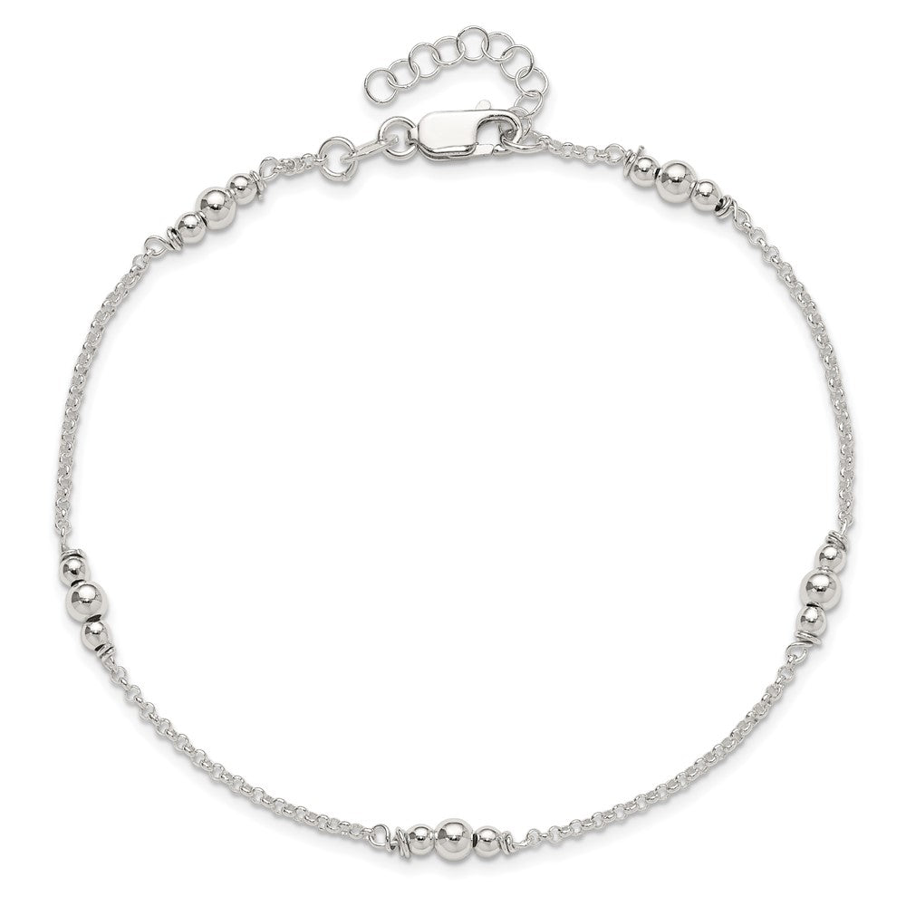 Sterling Silver Polished Bead 9in Plus 1in ext. Anklet 9 inches